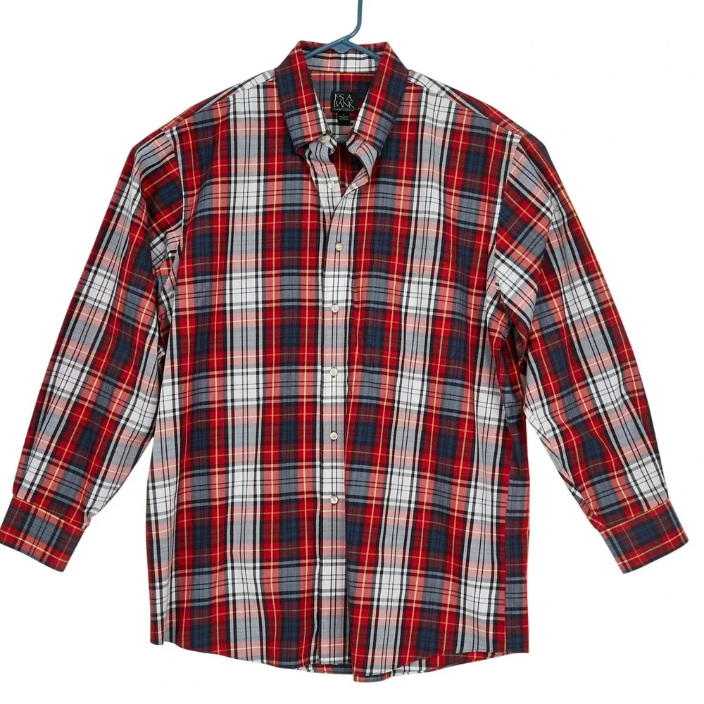 Jos. A. Bank Button Down Mens Large Red Plaid Traveler's Collection Cotton Shirt - Picture 3 of 12
